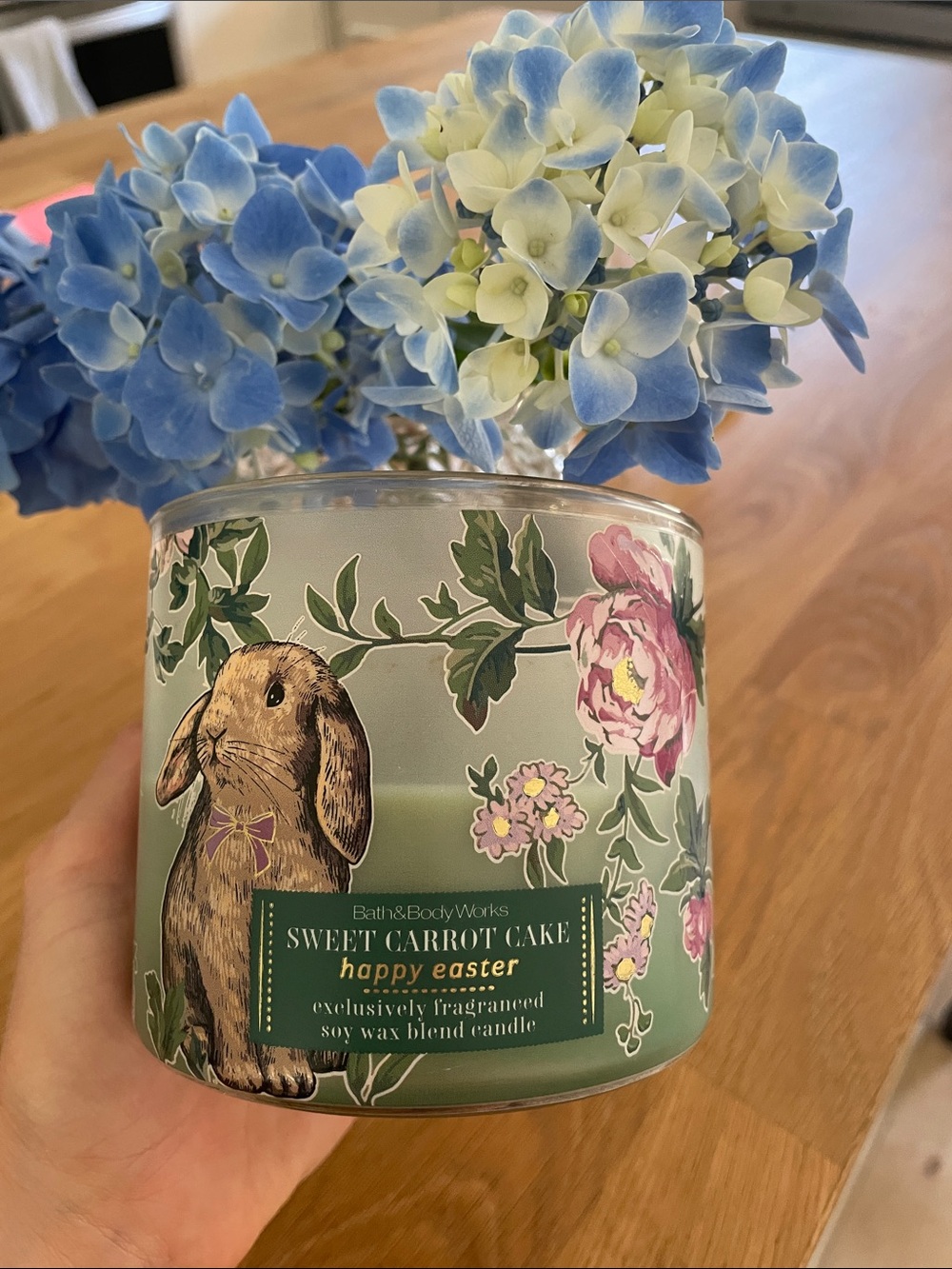 Bath & Body Works Sweet Carrot Cake Candle — Green with Pink Floral Accent